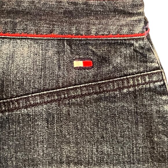 Vtg Tommy Hilfiger Denim Blue Jean Skirt Red Stitch Logo Stretch Pockets Midi - Picture 4 of 11